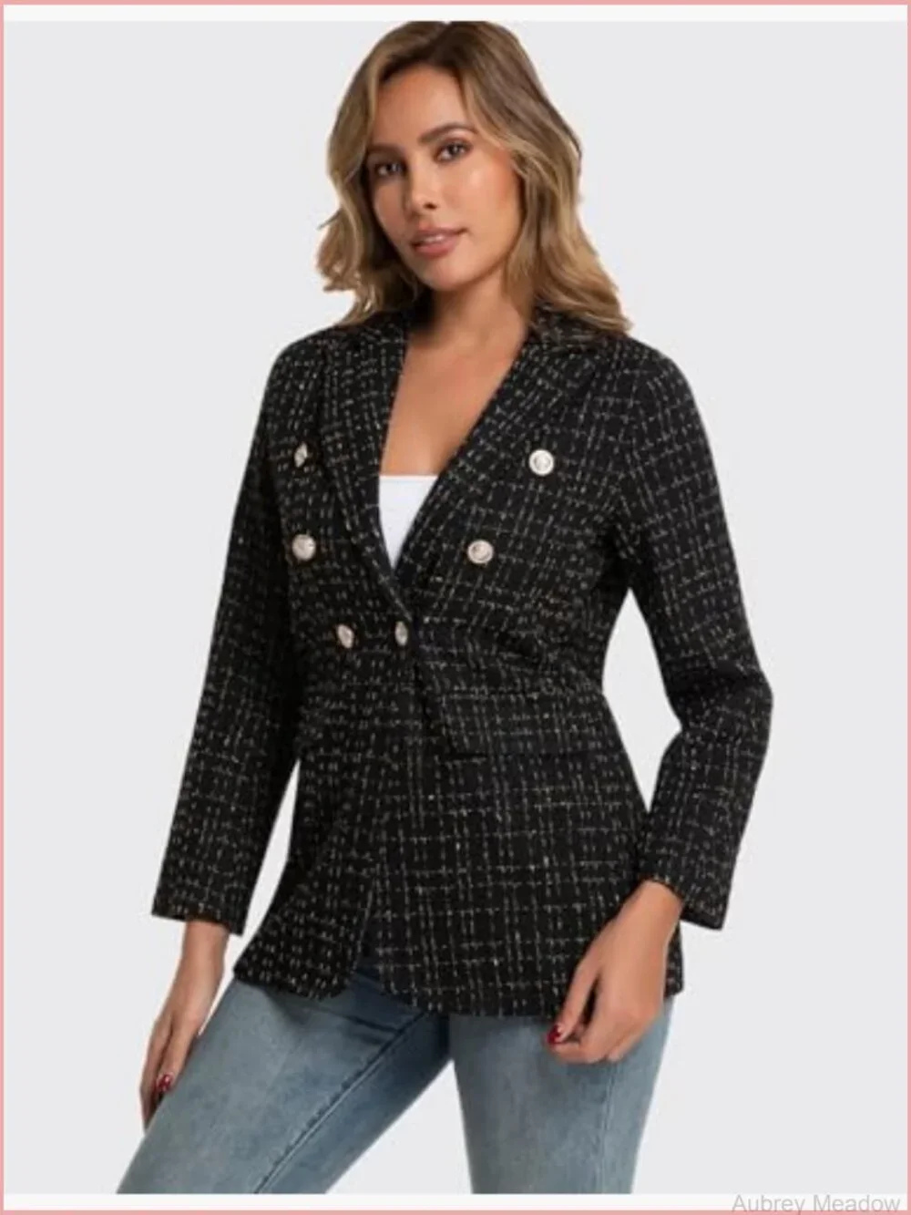 Women's Tweed Plaid Blazer Business Casual Notch Collar Long Sleeve